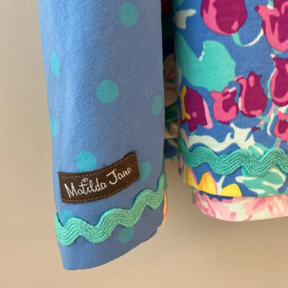 Matilda Jane NWT Aqua Blue Pink Polka Dot Daisy Braid Strap Dress Patchwork